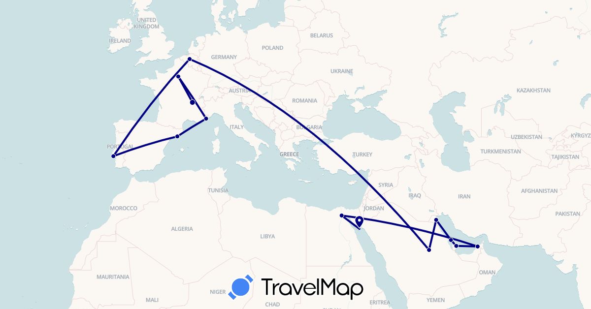 TravelMap itinerary: driving in United Arab Emirates, Belgium, Bahrain, Egypt, Spain, France, Kuwait, Portugal, Qatar, Saudi Arabia (Africa, Asia, Europe)